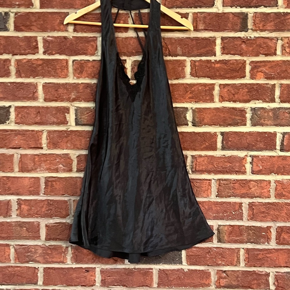 Frederick's of Hollywood Black Satin Chemise with Ruching